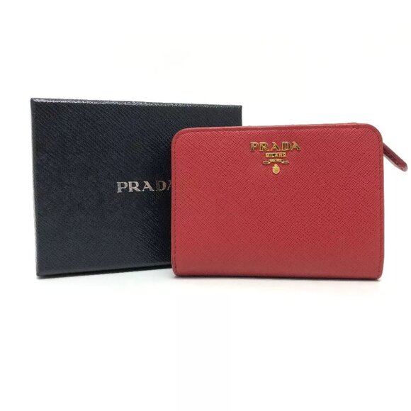 PRADA 1ML018 logo Folded wallet Safiano leather Red/GoldHardware - Picture 1 of 11